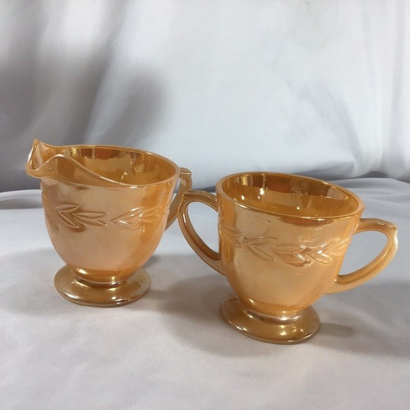 Peach Luster Ware Fire King Iridescent Sugar Creamer Leaf Pattern Mid Century - Picture 3 of 10